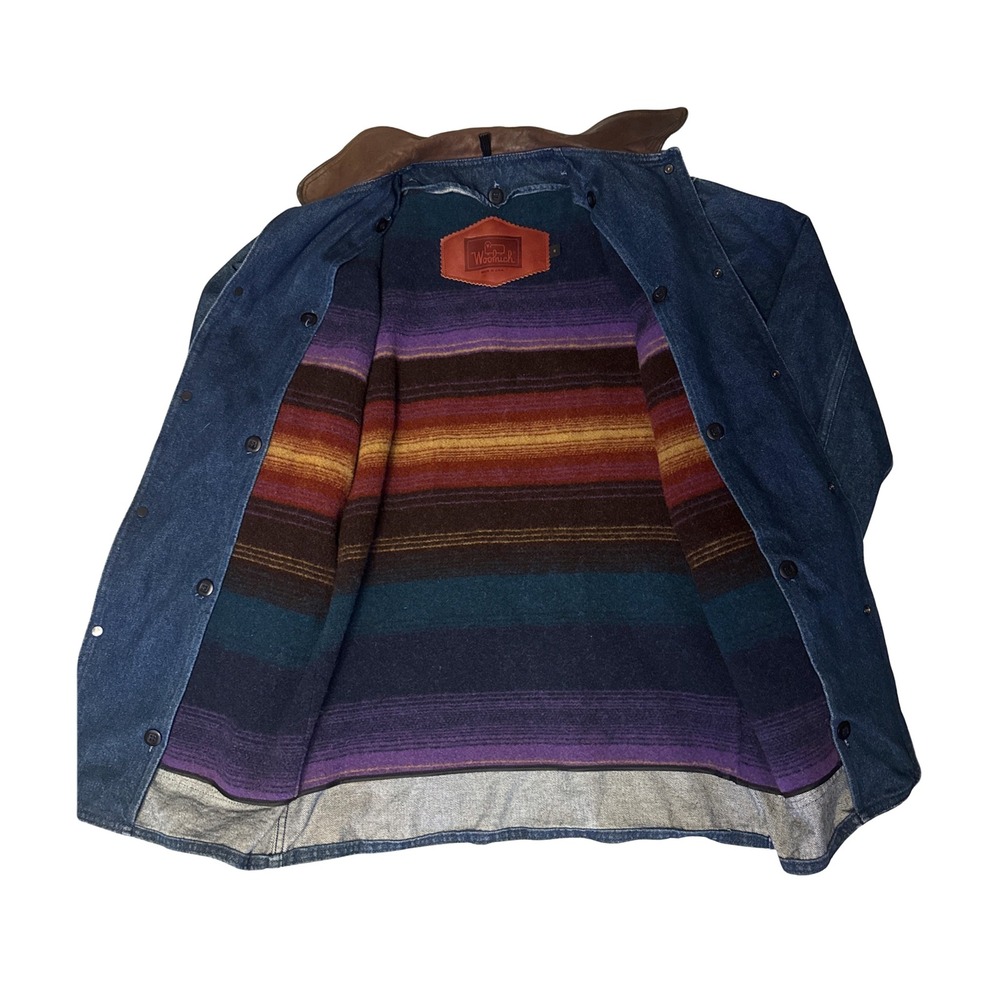 Vtg Woolrich Denim Barn Coat Leather Collar Striped Wool Lining Jacket Small - Picture 2 of 4